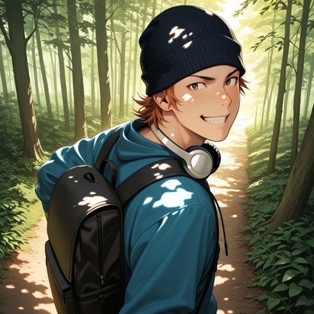 masterpiece, best quality, amazing quality, absurdres, newest, detailed background, definition so sharp, Ultra-HD, 8K cinematic, very awa, impressionate, amazing quality, highres, 
solo, male focus, manly, 
1boy, short hair, beanie, headphone around neck, misaki_orange hair, misaki_brown eyes, misakiyata, backpack, forest path, sunlight through trees, dappled light, sense of wonder, exploration, carefree, playful, running, looking back, mischievous grin,