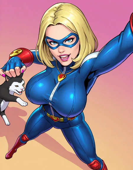 fighting game style ,masterpiece, best quality,  
 <lora:SusanSteelQuiron_style_v3:1> 
 SusanSteelQuiron,  Playing with pets,   ,
 1girl, superhero, superheroine with  sexy body woman,  thick thighs,  makeup, big breasts,  jewelry,   necklace, nail polish,   lips,   knee pads,
Stargirl (Courtney Whitmore) - DC Comics 
 from above,  paw pose, 
natural midnight steel factory, . dynamic, vibrant, action-packed, detailed character design, reminiscent of fighting video games