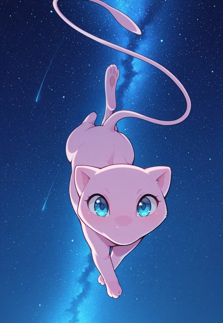 masterpiece, best quality, amazing quality, very aesthetic, absurdres, PKMN_Mew, solo, no humans, blue eyes, pink fur, looking at viewer, floating, starry sky, dynamic pose, perspective, 