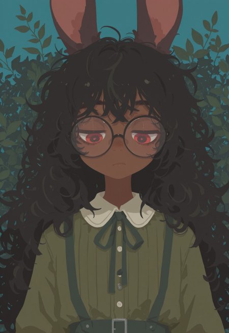 artist:moriimee, G0thicL1nes, portrait, dark light, (brown skin), 1 girl, rabbit girl, solo, black hair, glossy hair, bored, glasses, messy hair, flat style, flat chest, portrait, red eyes, looking down, large eyes, green dress, blue background, many leaves in background, (flat color), (no lineart), schoolgirl outfit, surrounded by leaves, leaves in foreground,   