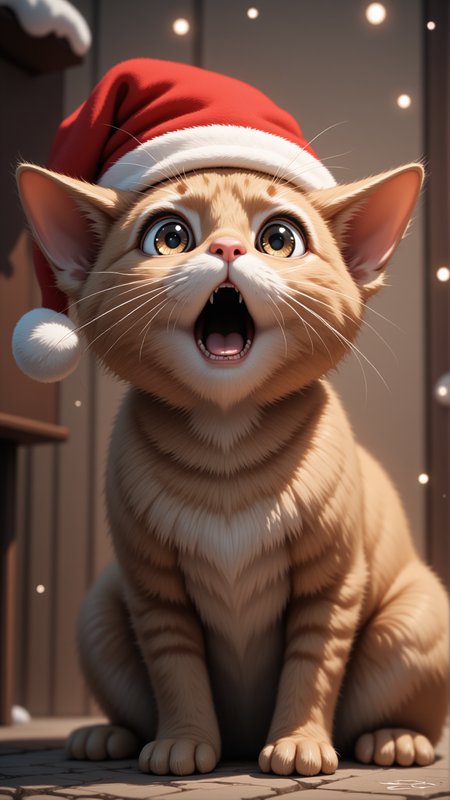 a surprised cat with a santa hat, in the style of Jed4ni,   <lora:ILPonyMix:1>