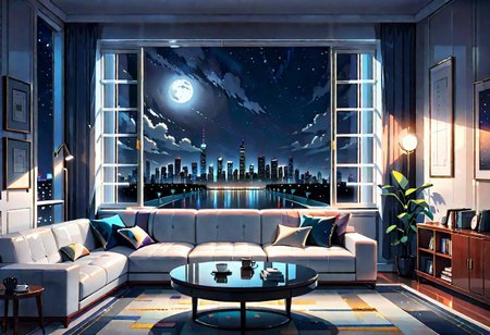((front view)), Shallow scene, ((animation style)), modern-style interior, with white walls, (large windows), a  study, Sofa, coffee table, bookcase, single wall, (gloomy room), Turn off the indoor lights , quiet and mysterious night sky, starry sky, moonlight, city night view, (City high-rise building scenery), (City scenery outside the window)