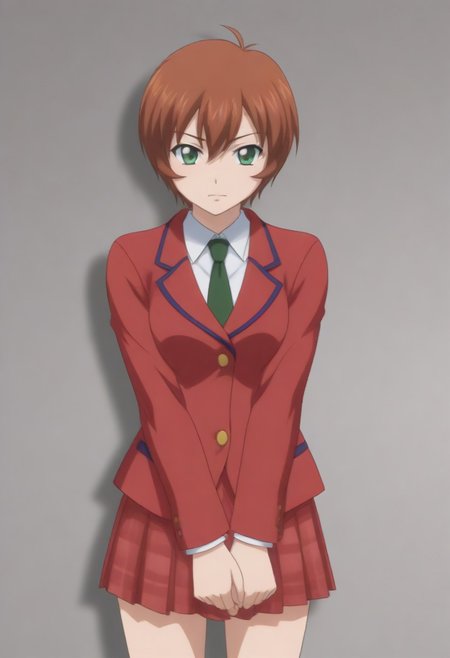 source_anime, anime screencap, source_anime, auratheguillotine, anime screencap, masterpiece, source_anime, shiny skin, 1girl, chinkyuu koudai, short hair, brown hair, green eyes, <lora:chinkyuu_pony-000007:0.8> red blazer, white shirt, green necktie, plaid skirt, pleated skirt,