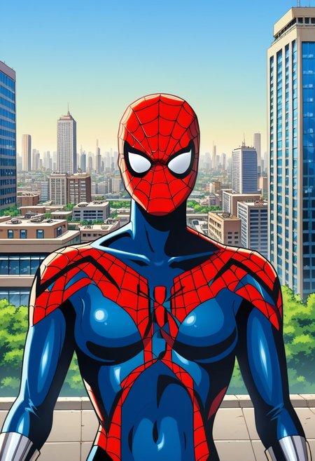 score_8, score_8_up, score_7_up, Marvel Cel-Shade Style, 1girl, female focus, solo, SGMC2, mask, bodysuit, print body suit, spider web print, bracers, gloves, superhero, looking at viewer, upper body, outdoors, city, building, midair, full body, new york city,