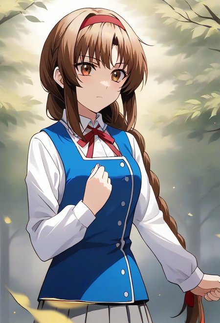 best quality, 4k, rating_safe, very aesthetic, source_anime,1girl, <lora:Takao:0.9>,takao,brown hair,brown eyes,long hair,single braid,red hairband,neck ribbon,white shirt,long sleeves,blue vest,gray skirt,school uniform,