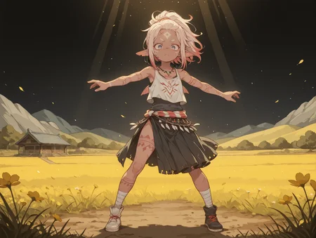 masterpiece,best quality,amazing quality, (mature, adult, solo:1.2), 
   light particles, Volumetric Lighting, light depth, ,      iridescent colors, dark theme, 
1girl,      light red hair,  dark blue eyes,  looking at viewer, thick eyebrows, tribal marks, full body tattoo, tattoo, face tattoo, chest tattoo, leg tattoo, arm tattoo,       feet, scales, fish ears, fins, gills, light magenta scales, necklace, light brown skin, dark skinned female, dark skin,  scars, injured, blood, 
    mismatched footwear,   multicolored clothes, colored clothing edges, 
damask low slit tank top,  gothic Draped skirt,
standing, dancing,,    dynamic pose, 
field, meadow, flowers, cherry blossom,       korean architecture,  
<lora:DetailedPerfect_hands_r1:1> <lora:feet_anime_il_v3:1> <lora:Add_Details_v1.2:1>  <lora:anime_screencap:0.4>  <lora:S4bit4mago:0.8> S4bit4mago_illu,  <lora:LineArt Mono Style LoRA_Pony XL v6:0.5>  <lora:Amberline1.0:0.5> cel-shading, illustration <lora:Beatrix_Potter_Style_illustrious:0.7> Bpstyle  <lora:flat_color_anime_xl:0.3> fca style <lora:Granblue Fantasy XLV2:0.4> <lora:Orenji-IL:0.4> orenji <lora:mesugaki_Illust_v1:0.3> mesugaki <lora:1r1d3sc3nc3XLP:0.3> 1r1d3sc3nc3 <lora:LeIsT0_style:0.2> LeIsT0_illu <lora:NijijourneyNoob_byKonan:0.2>