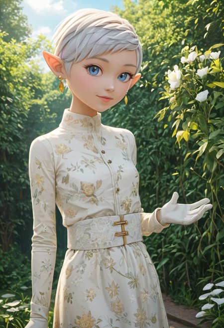 (masterpiece:1.5), best quality, ultra-detailed, (high res), cinematic lighting, beautiful lighting, high quality, studio quality, detailed, insanely detailed, extreme detail, refined detail, perfect detail, max detail, smooth lighting, detailed background, hyper detailed body, beautiful lighting, vibrant lighting, global illumination, absurdres, high-res, dynamic lighting, score_9, score_8_up, score_7_up, ponypositive, 1girl, solo, solo focus, looking at viewer, (narrow waist, skinny, small body, slim), (outdoors, floral garden), bright lighting, daylight, sunshine, cute, kawaii, (closed mouth), no expression, ((standing)), alone, gleaming eyes, large eyes, ((cowboy shot)), (hands at the sides), (rating_safe, sfw), source anime, <lora:xl_more_art-full_v1:0.8> , PonyXLV6_Scores, unity 8k wallpaper, perfect anatomy, <lora:PerfectEyesXL:1> , perfect eyes, <lora:hand 5.5:1> , perfect hands, detailed hands, Edna, white hair, short hair, blue eyes, elf girl, white dress, floral dress, long dress, long sleeve, white gloves, makeup earrings, white roses, Blue sky, daytime, clouds,