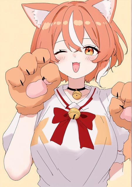 1girl, goutokuji mike, huge breast, animal ears, animal hands, bell, blush, cat ears, cat girl, cat paws, hair between eyes, jingle bell, multicolored hair, one eye closed, orange eyes, orange hair, puffy short sleeves, puffy sleeves, red hair, shirt, short hair, short sleeves, solo, streaked hair, tongue, tongue out, upper body, white hair, white shirt, yellow background, zPDXL3,handfixer <lora:bobok:0.9> <lora:HandFixer_pdxl_Incrs_v1:1>