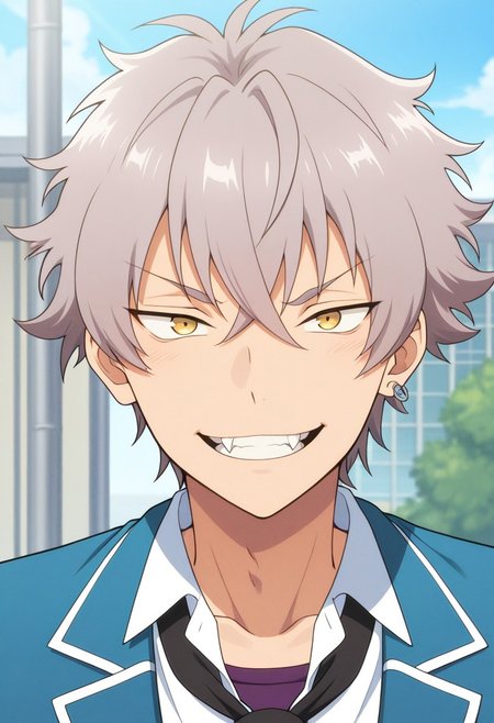 masterpiece,best quality,amazing quality, source_anime, 
kogaoogami, 1boy, male focus, solo, yellow eyes, grey hair, jewelry, earrings, school uniform, purple undershirt, shirt, white shirt, collared shirt, necktie, black necktie, jacket, blazer, blue jacket, portrait, grin, fangs,
outdoor,