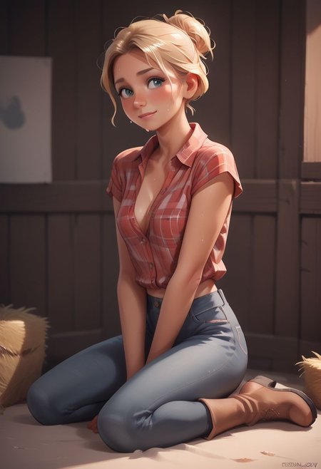 score_9, score_8_up, score_8, thotty_katieXL, at  farm, barn behind her, wearing jeans and plaid shirt with boots, tiny smile, slutty,
shy pose, sweating