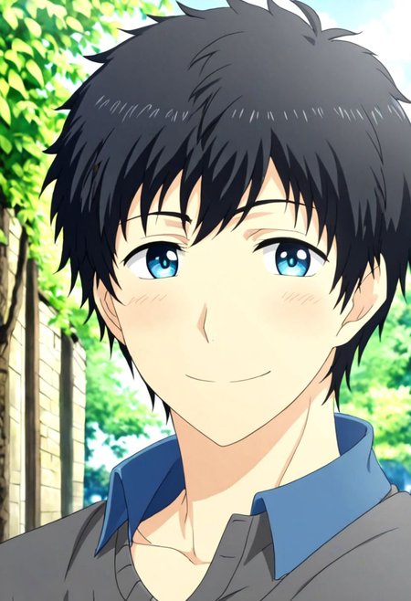 high resolution, solo, best quality, 1Boy, Arata Kaizaki, Black Hair, Blue Eyes, Looking at viewer, happiness, depth of field, half body, outdoor, OverallDetail