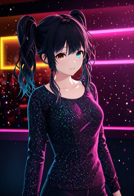 vaporware colors,black hair,twintails,shine glass,neon lights,light particles,colorful:1.3,gradient,chromatic aberration) 1girl,long-focus,tilt-shift,dark background,simple background,full body,cute emotional,harmonious,high budget,moody,epic,gorgeous,perfect lighting,realistic,photorealistic,photographic,photo (medium),real,moody lighting,volumetric lighting,reality ray tracing,8K,HDR,UHD,masterpiece,best quality,highly detailed,high resolution,finely detail,extremely detailed,ultra detailed,vibrant background colors, nightclub, shirt,heterochromia,chest spider,dance