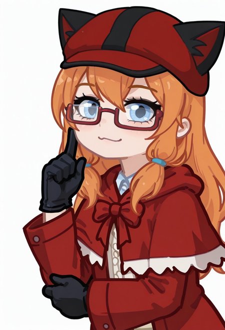 masterpiece,best quality,amazing quality, GachaPumpkinDetective, PumpkinDetective, girl, Blue eyes, redhead, orange hair, red jacket, glasses, red-framed eyewear semi-rimless eyewear, hat with cat ears, capelet, black gloves, white background