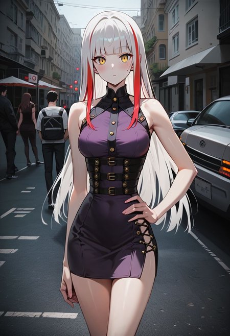 score_9, score_8_up, score_7_up, score_6_up, score_5_up, source_anime, 1girl, animeirl, standing, posing, hand on waist, long hair, white hair, red highlights, hime cut, bright yellow eyes, medium breasts, slim, small waist, pale skin, blush, purple dress, street, city, summer