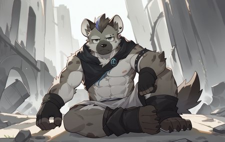 anthro,kemono,male,solo,spot_arknights,hyena,(grey fur:1.5),(grey body:1.5),eye piercing,fingerless gloves,toeless footwear,handsome,(solo focus:1.1),amazing background,wind,rim light,intense shadow,ruins,remains,looking at viewer,sitting,gloom,<lora:spotxl-000005:0.8>