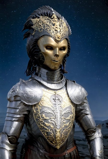 An insanely Detailed Divine Xenomorph, Golden and silver in color, cyberpunk, a crimson tinge to the golden color, Hyperdetailed, Omnipresent, Beautiful, Sinister overtones, otherworldly,((masterpiece, best quality)), fantasy, solo, 1 alien knight, silver armor chestplate with silver medieval ornaments and runes, galactic night sky background, perfect composition, sidelighting, outdoor,Ornamental armor