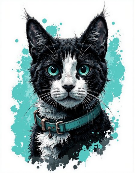 A graphic illustration, black and white, of a cat with bright turquoise collar.
 <lora:Dieselcore:0.8> d1eselc0re  <lora:Glitchcore_Flux:0.2> gl1tchc0re
