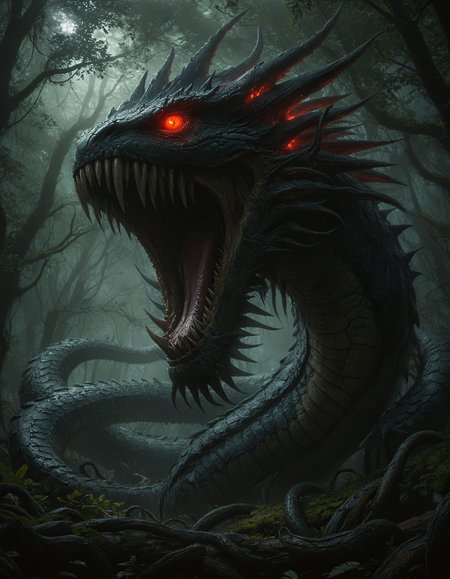 realistic, cinematic, terrifying colossal serpent with draconic features, including a fierce snarling head with sharp teeth and glowing red eyes, the serpent should have a scales that reflect a dark ominous sheen, its long winding body should be partially coiled with sections disappearing into the dense shadowy forest, The forest should be thick with twisted ancient trees and creeping vines, dark and foreboding atmosphere, light filters through the canopy, eerie ambiance, The background should be filled with mist and shadows, danger and mystery, <lora:MJ52:0.5>, <lora:zavy-cntrst-sdxl:0.7>, <lora:add-detail-xl:1>