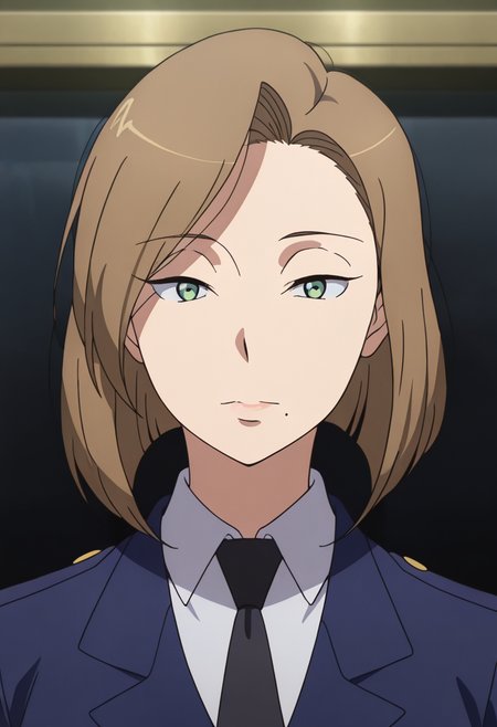 masterpiece, best quality, amazing quality, very aesthetic, absurdres, newest, illustration, perfect composition, intricate details, highres, anime coloring, 1girl, solo, (portrait:1.2), 
darzanaww, mature female, green eyes, brown hair, medium hair, mole under mouth, formal, military uniform, skirt suit, black necktie, blue military jacket, white collared shirt, looking at viewer, shiny body, shiny skin, skindentation, clear skin, shiny hair, ultra detailed eyes, depth of field, sharp, intricate details, hyperdetailed, ultra-detailed, detailed clothing folds, high contrast, dynamic light <lora:Darzana_Magbaradge_Aldnoah_Zero_ill:1>