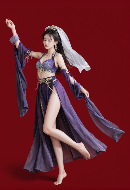 red background,1girl,solo,barefoot,hair ornament,dancing,,ruanyi0757,detached sleeves,jewelry,purple dress,see-through,shawl,veil,<lora:0757 Exotic Priestess_v1_pony:1>, score_9,score_8_up,score_7_up,,8k,1girl,solo,
