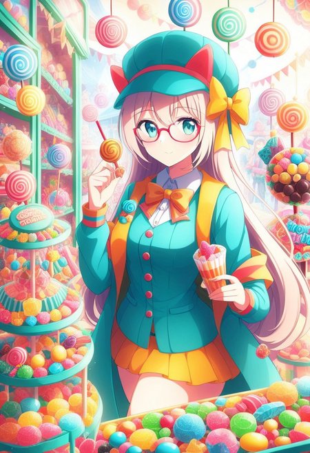 (girl is selling candy), 1girl, candy woman, wearing candy glasses, candy shop, candy hat,  f\1.0, candy, <lora:aidmaCandyWorldMorph-MoreArtfull-v0.1:0.8>