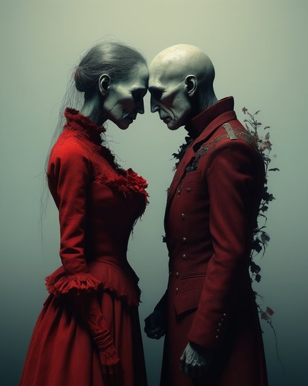 heartbroken liches, married liches getting a divorce, romance lost, heartache, sad, melancholy, Tim Burton, Nicola Samori, Beksinski,  dystopian surrealism, vivid intense colors, red, ultra focus, <lora:add-detail-xl:1> <lora:xl_more_art-full_v1:0.6>  <lora:XSfenlie:1> fenliexl