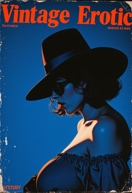 A cover of a Taschen artbook about "Vintage Erotic". Below the title, there's a subtitle with the text: "A STUDY". The book cover, below the text, features the adorable style of vtgbrst.  Post-Impressionism aesthetics, dreamscape, an award-winning close-up portrait in the style of Conrad Roset, blue theme, highly detailed, surreal, ethereal. A mysterious and voluptuous femme fatale hiding in the shadows, wearing blue sunglasses, a wide hat, and a blue off-shoulder blouse. Her face is obscured by darkness. Dappled light streaks across her face, revealing her visage hidden in the deep shadows., featuring loose brushstrokes, vibrant colors, and a subjective perspective. The style is emotional and modern, with art by notable artists such as Robert Antoine Pinchon, capturing the essence of this artistic movement.. The cover has the tell-tale signs of heavy use, with rips and tears, dirt, speckles of dust, grain, discoloration, creases, and water stains. <lora:Vtgbrst Study_epoch_4:1><lora:gjbvc:0.65>
