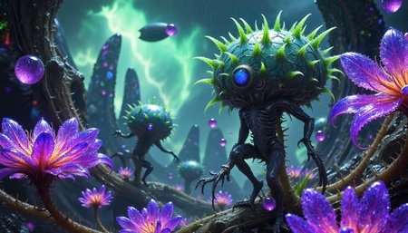 {"T5": "alienplants,hyperrealistic photographic scene of celestial alien beings with metallic silver scaled skin, cybernetic implants, bipedal body, short stubby antennae, glowing dark blue eyes, multiple arms holding crystalline tools, spines along their backs with hovering prismatic crystals, standing amidst bizarre alien plants with bioluminescent purple and neon green tendrils and geometric flowering structures. The setting is a futuristic alien city with towering skyscrapers made of iridescent glass, neon holographic advertisements, and anti-gravity vehicles floating through acid-green storm clouds. Low-angle wide-shot from ground level showing rain-like energy particles, with the aliens positioned off-center per the rule of thirds, dramatic dynamic lighting from city lights and storm auroras, detailed textures on scales, implants, and crystalline structures, 16:9 landscape format.,", "CLIP-L": "alienplants,hyperrealistic photography, metallic silver scaled skin, cybernetic implants, short stubby antennae, glowing dark blue eyes, multiple arms, prismatic hovering crystals, bizarre bioluminescent alien plants, neon holographic cityscapes, acid-green storm clouds, iridescent glass skyscrapers, anti-gravity vehicles, energy particle rain, 16:9 landscape format, rule of thirds composition, ultra-detailed textures, cyberpunk alien metropolis, celestial beings, geometric alien flora, storm aurora lighting,"}
<lora:alienplants-000015:0.85>