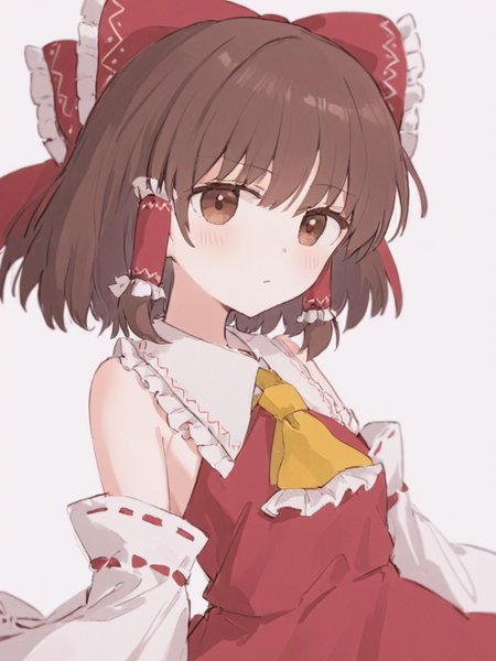 <lora:åä¸½çµæ¢¦:1>,1girl, solo, hakurei_reimu, detached_sleeves, collared_dress, hair_tubes, bangs, bow, white_background, ascot, red_bow, dress, simple_background, wide_sleeves, closed_mouth, red_dress, brown_eyes, frills, yellow_ascot, hair_ornament, bare_shoulders, long_sleeves, sarashi, brown_hair, short_hair, hair_bow, standing, looking_at_viewer, looking_to_the_side, white_sleeves, eyes_visible_through_hair, ribbon_trim, ribbon-trimmed_sleeves, collar