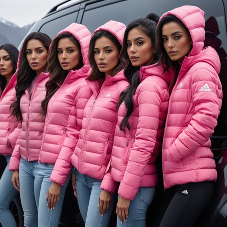 (dark cinematic still, dark vibes) sexy slim skinny group of hispanic professional women ,unique, wearing a hooded pink adidas_puffer_jacket, unique hair styles, 8k uhd, dslr, high quality, photorealistic, realism, hyperrealism,  ((car scene)),
<lora:adidas_puffer_jacket_v1:0.3>