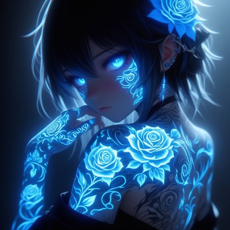 An anime-style female character, adorned with intricate glowing blue Floral Rose tattoos covering her arms, hands, and face. Her tattoos emit a soft, radiant glow that contrasts against her dark, form-fitting outfit. Her expression is calm and mysterious, with a dreamlike ambiance surrounding her. The character has long, smooth hair decorated with elegant metal hairpins and glowing accents. The background is dimly lit, creating an otherworldly and ethereal atmosphere, with soft shadows emphasizing her glowing features. The mood is mystical, highlighting the elegance and supernatural energy of the glowing Floral Rose tattoos