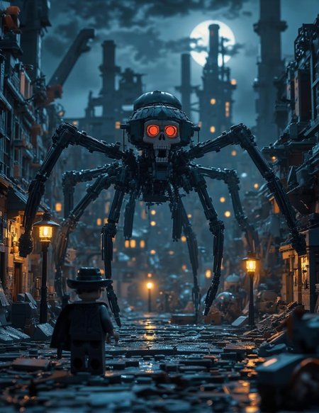 <lora:Cinematic_Lego.safetensors:1> lego
Under a full moon, the industrial wasteland stretches out, a tapestry of deep blues, dark grays, and stark blacks. Rust-streaked metal and cracked concrete dominate the scene, their surfaces etched with the scars of time and neglect. A towering, skeletal mechanical creature looms in the foreground, its spider-like legs casting long, sinister shadows. The creature's skull-like head is a haunting mix of gothic and industrial design, with exposed gears and intricate joints that hint at a dystopian future. Its eyes, glowing a deep, malevolent red, pierce the dim, ambient lighting, adding a sense of foreboding and suspense.
In the background, abandoned factories and decaying buildings rise like specters, their silhouettes jagged and menacing. Faded signs and rusted metal add layers of texture and realism, each detail contributing to the oppressive atmosphere. The moonlight, pale and distant, filters through the haze, casting sharp, dramatic shadows that dance along the ground. A solitary figure, clad in a dark trench coat and fedora, stands at the edge of the scene, their face shrouded in shadow, adding a layer of mystery and tension. The air is thick with the scent of oil and decay, inviting the viewer to explore the dark, hidden corners of this noir landscape.