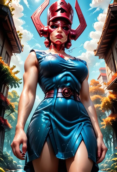galactus, galachelmet, galaceyes, SmoothQualityPony,
A surreal depiction the enormous head of Galactus \(marvel comics\) appears in the sky against the clouds above a major city an ominous and foreboding signal. Below in the foreground features a
 park with a small pond surrounded on the left and right by trees, in the distance sky scrapers tall buildings that nearly reach the clouds..