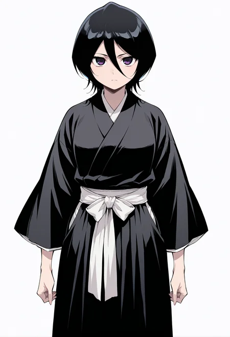 masterpiece, best quality,
1girl, solo, cowboy shot,
standing,
looking at viewer,
simple background, white background,
 <lora:kuchiki_rukia:1> k0ch1k1r0k14, black hair, hair between eyes, short hair, purple eyes, black eyes, 
japanese clothes, black kimono, long sleeves,