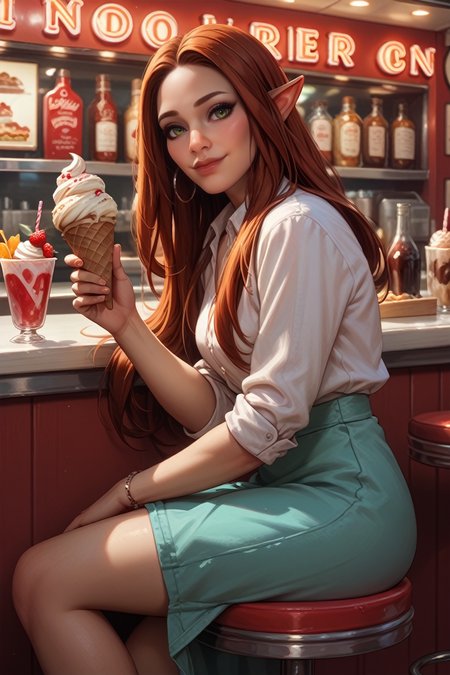 score_9, score_8_up, score_7_up, score_6_up
<lora:DVFRook:0.8>
DVFRook, 1girl, pointy ears, red hair, long hair, green eyes, looking at viewer, smiling, sitting, on stool, inside diner, counter, holding ice cream cone