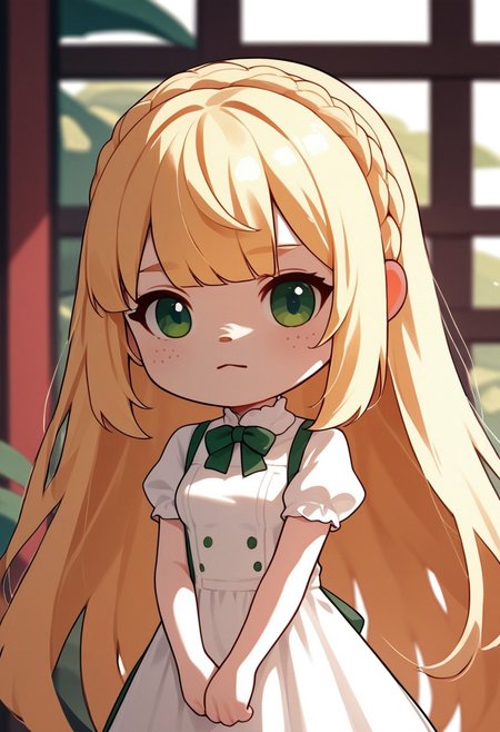 zPDXL3, score_9, score_8_up, score_7_up, score_6_up, score_5_up, score_4_up,
1girl, small breasts, celine, blonde hair, green eyes, crown braid, straight hair, very long hair, ribbon bangs,
white dress, 
hall,
acvillager, chibi, solo,