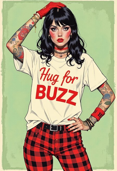 A graphic comics illustration in Pinup art style featuring an alternative woman wearing a large T-shirt that says "Hug for BUZZ", (sfw)
