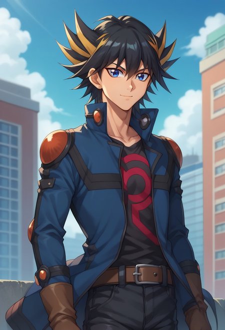 score_9, score_8_up, score_7_up, source_anime, highly detailed, 
yusei, 1boy, male focus, gloves, solo, multicolored hair, black hair, spiked hair, blue eyes, belt, brown gloves, streaked hair, jacket, shirt, open clothes, hair between eyes, open jacket, black shirt, closed mouth, print shirt, bangs, blue jacket, blonde hair, black pants, smile,
outdoor, sky, buildings,