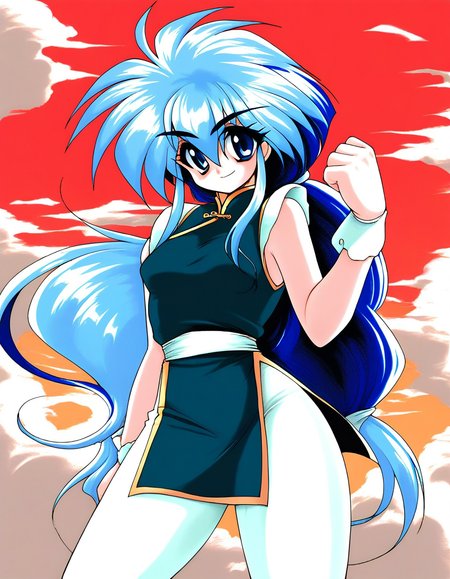 score_9, score_8_up, score_7_up, source_anime, rating_explicit, BREAK  <lora:Ryuho_QOD_XL:1> Ryuho_QOD, light blue hair,  blue eyes,  long hair, small breasts,  two-tone hair,  1990s \(style\), low ponytail,
Ryuho_QOD, 1girl, solo, retro artstyle, clenched hand, 1990s (style), chinese clothes, green China dress, looking at viewer, white pants,
outdoor, sky,
smile,
looking at viewer, 
cowboyShot,