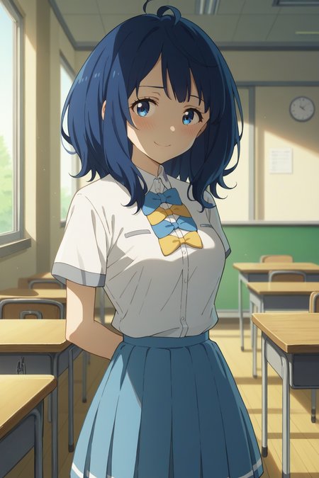 score_9, score_8_up, score_7_up, source_anime, 1girl, prefect lighting, very aesthetic, intricate details, highly detailed background, masterpiece, high quality, prefect hands, best quality, solo,
<lora:Anna_Yanami_Too_Many_Losing_Heroines_V1:.85>, KJOanna, blue hair, blue eyes, medium hair, 
school uniform, blue pleated skirt, kneehighs, short sleeves, bow, 
arms behind back, nervous, smile, looking at viewer, blush, 
School, classroom, window, sunny,
(Beautiful, medium Breasts:1.2), natural breasts,