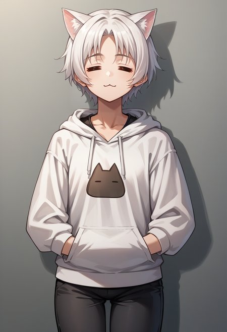 score_9, score_8_up, source_anime, 1girl, solo, =w=, :3, = =, eyes closed, cat girl, white hair, hoodie, capri pants, <lora:ChamElfExpressionPonyXL:1>
