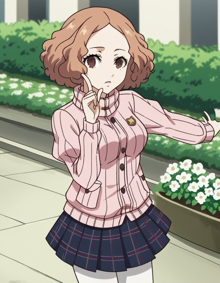 score_9, score_8_up, score_7_up, source_anime, <lora:haru-okumura-s1-ponyxl-lora-nochekaiser:1>, haru okumura, brown eyes, brown hair, short hair, medium breasts, anime screencap, layered sleeves, long sleeves, pantyhose, pink sweater, plaid, plaid skirt, pleated skirt, print pantyhose, ribbed sweater, school uniform, short over long sleeves, shuujin academy school uniform, skirt, sweater, white pantyhose,, garden, flowers, path, plants, tranquil, , <lora:hoshino-ruby-dance-ponyxl-lora-nochekaiser:1>, hoshino ruby dance, finger wagging, index finger raised, dancing, outstretched arm,, looking at viewer, solo,, dutch angle, cowboy shot