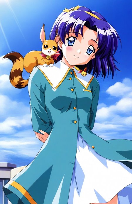 general,highres, ultra-detailed,very aesthetic,best quality ,best hands, BREAK <lora:Nozaki_sumire_Tokimeki_Memorial2_IS:1>
Nozaki_sumire(Tokimeki_Memorial2), 1girl, solo, blue eyes, blue hair, short hair, hairband, small breasts,
aqua dress, white skirt, 
 animal on shoulder, arms behind back, looking at viewer,
 standing, animal, long sleeves, buttons, parted bangs, cowboy shot, 
blue sky, day,