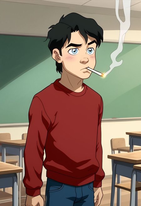 High Quality,  Billy batson, small body, solo, 1boy, black hair, blue eyes, red tshirt, bluejeans, young, smoking marijuana, ecstasy face, classroom