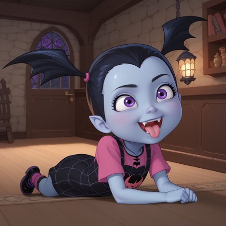 score_9, score_8, score_9,  female child, vampirina, black hair, blue skin, purple eyes, fangs, tongue, adorable, indoors, dungeon background