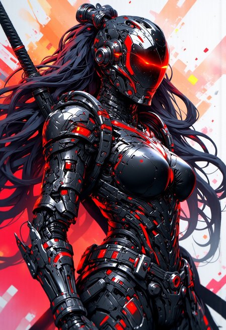 mythp0rt, Inkpunk Anime BREAK, cyberpunk robot samurai woman, robot face with mirrored face shield, hyperdetailed helmet, flowing black hair, reflective black and red armor, robot joints, body made of metals, cables and wires, a katana strapped to her back, abstract colour gradient background