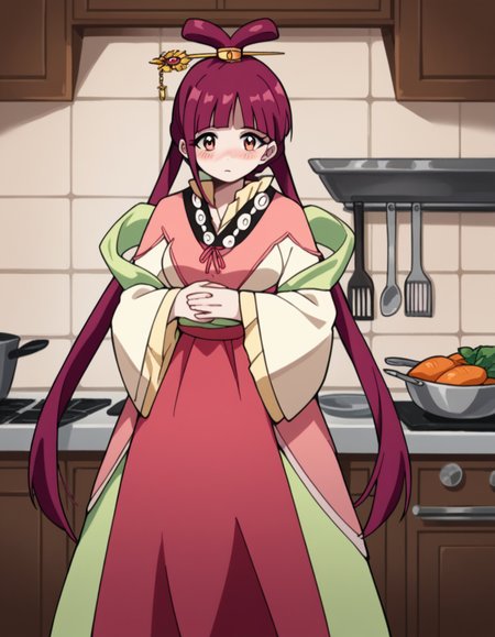 score_9, score_8_up, score_7_up, source_anime, <lora:kougyoku-ren-s1-ponyxl-lora-nochekaiser:1>, kougyoku ren, long hair, red hair, hair rings, twintails, bangs, blunt bangs, orange eyes, medium breasts,, shawl, dress, wide sleeves, long sleeves, sash, long skirt,, kitchen, cooking, apron, cutting vegetables, home cooking, , hands on stomach, blush,, looking at viewer, solo,, dutch angle, cowboy shot