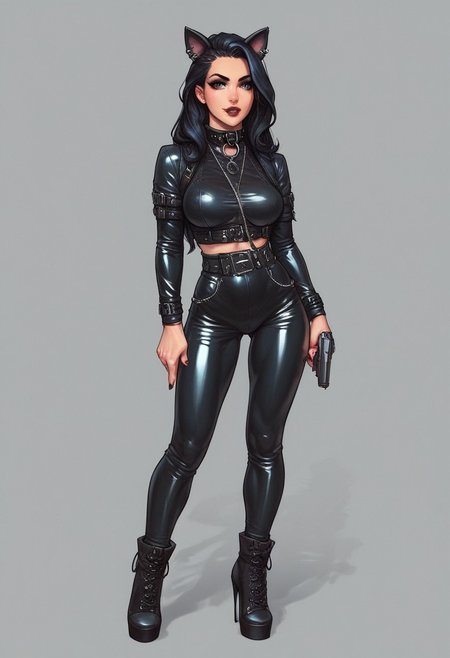 score_9, score_8_up, score_7_up, score_6_up, 1girl, cyb0rg, solo, science fiction, cable, mechanical parts, cat ears, long hair, gothic, full body, latex, collar, high heels,
(((full-clothed))), ((long big pistol in hands, handgun in hands))
BREAK 
strange world background score_9, score_8_up, score_7_up, score_6_up, source_cartoon, rating_explicit, Expressiveh, (((((full body))))), dynamic pose