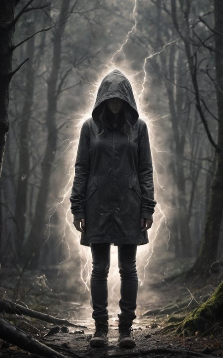 cinematic film still charcoal sketch,lightning storm,a hooded woman in the deep woods,<lora:WildcardX-XL-Detail-Enhancer:1>, Ultra-HD-details, Full Body Photograph,Full Body Portrait, Full Body Visible, From a Distance, . shallow depth of field, vignette, highly detailed, high budget, bokeh, cinemascope, moody, epic, gorgeous, film grain, grainy, Ultra-HD-details