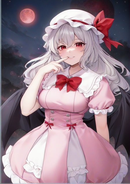 1girl, remilia scarlet, furry female, bat (animal), bat wings, dress, finger to mouth, grey hair, hand on own face, hat, hat ribbon, looking at viewer, mob cap, moon, night, pink dress, puffy short sleeves, puffy sleeves, red eyes, red moon, ribbon, short sleeves, sky, solo, wings,  zPDXL3 <lora:Joacy:1>